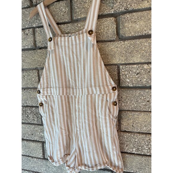 Striped Beige & White Hollister Overall Romper With Buttons & Pockets Size M - Picture 2 of 7